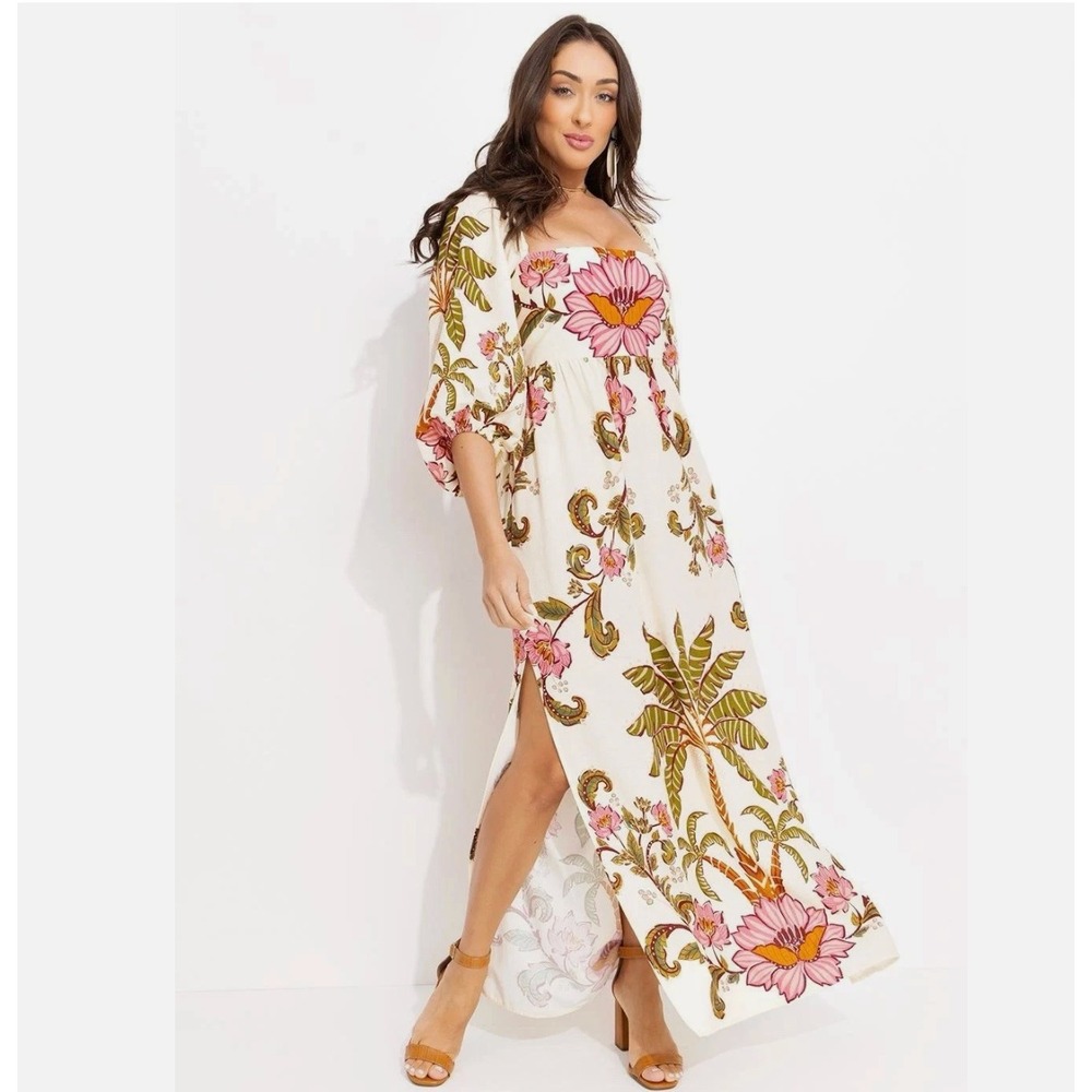 Farm Rio Tropical Floral Palm Tree Puff Sleeve Maxi Dress Cream Pink Green Small